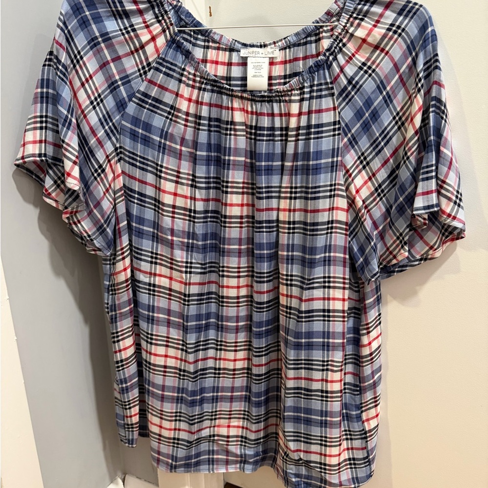 Plaid Off the Shoulder Short Sleeve Top